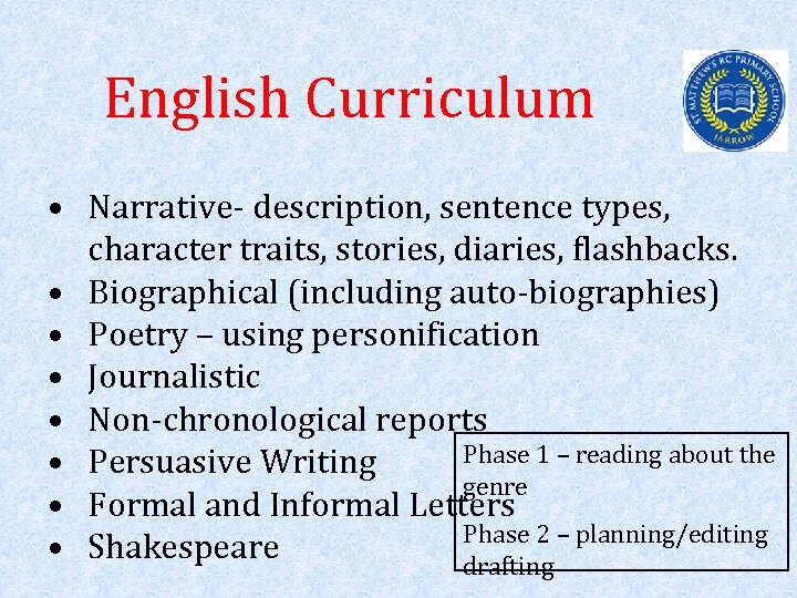 English Curriculum • Narrative- description, sentence types, character traits, stories, diaries, flashbacks. • Biographical