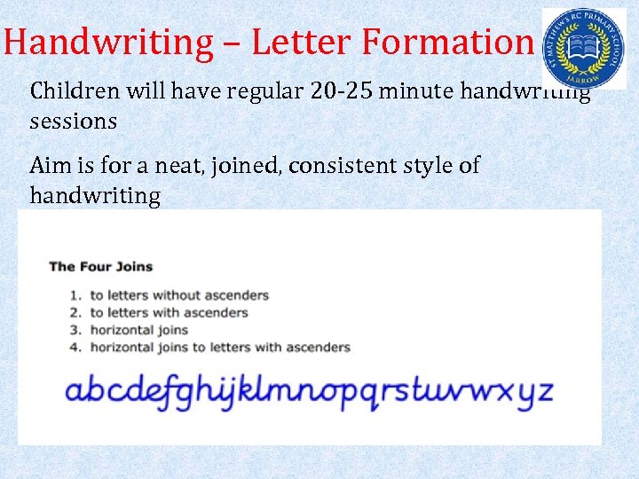 Handwriting – Letter Formation Children will have regular 20 -25 minute handwriting sessions Aim