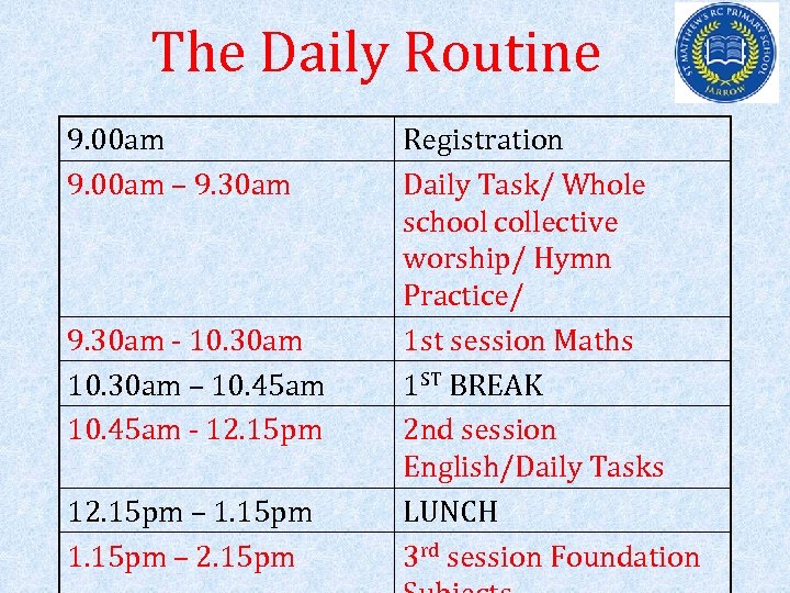 The Daily Routine 9. 00 am – 9. 30 am - 10. 30 am