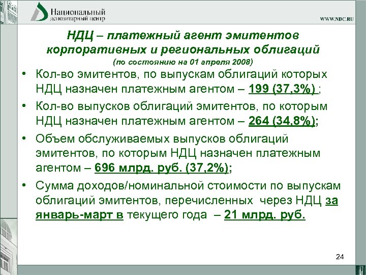 НДЦ – платежный агент эмитентов корпоративных и региональных облигаций (по состоянию на 01 апреля