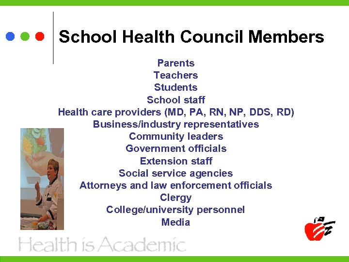 School Health Council Members Parents Teachers Students School staff Health care providers (MD, PA,