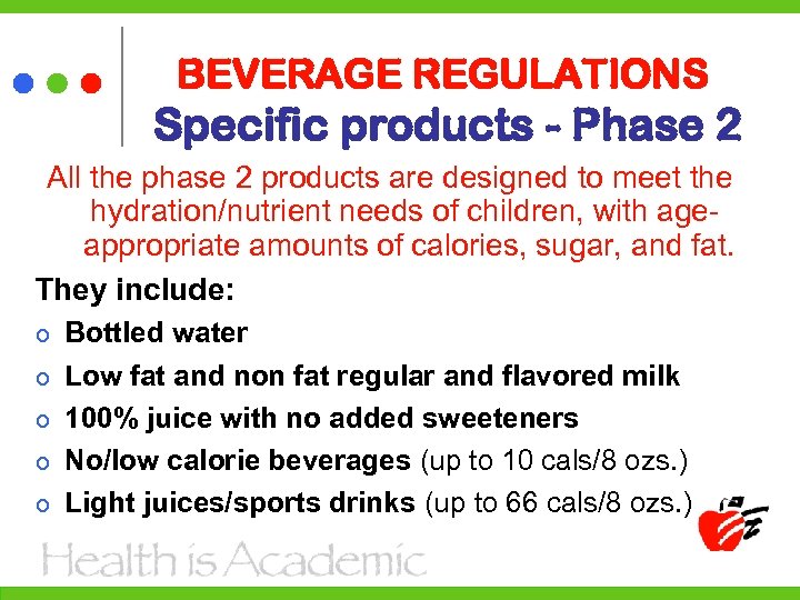 BEVERAGE REGULATIONS Specific products - Phase 2 All the phase 2 products are designed