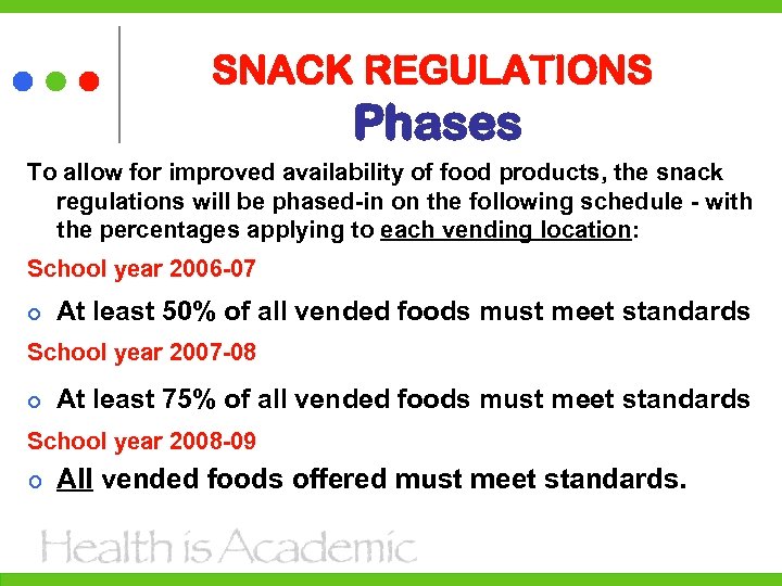 SNACK REGULATIONS Phases To allow for improved availability of food products, the snack regulations