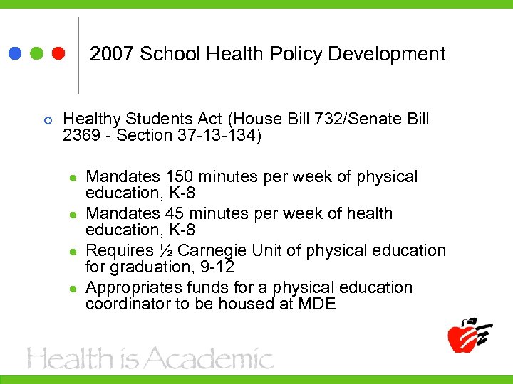 2007 School Health Policy Development Healthy Students Act (House Bill 732/Senate Bill 2369 -