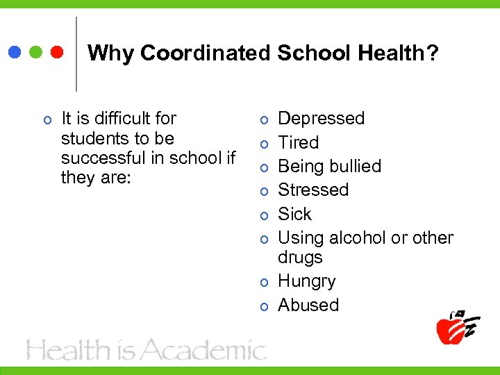 Why Coordinated School Health? It is difficult for students to be successful in school