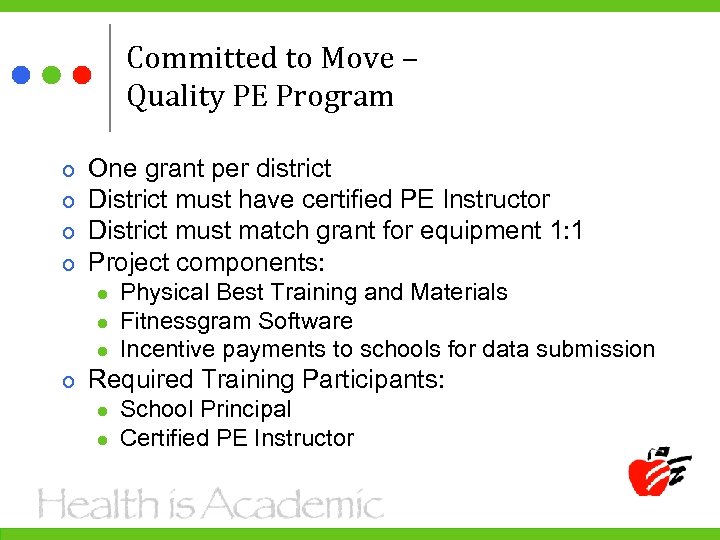 Committed to Move – Quality PE Program One grant per district District must have