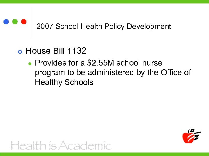 2007 School Health Policy Development House Bill 1132 l Provides for a $2. 55