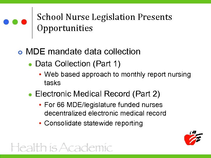 School Nurse Legislation Presents Opportunities MDE mandate data collection l Data Collection (Part 1)