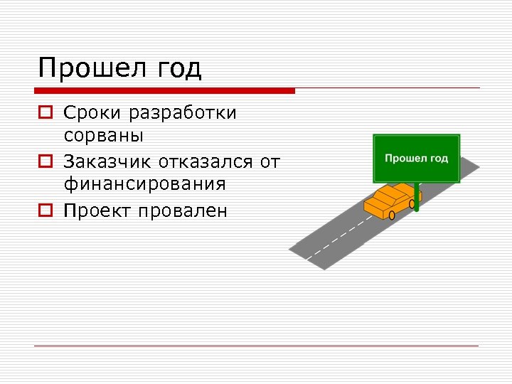 Прошел год o Сроки разработки сорваны o Заказчик отказался от финансирования o Проект провален