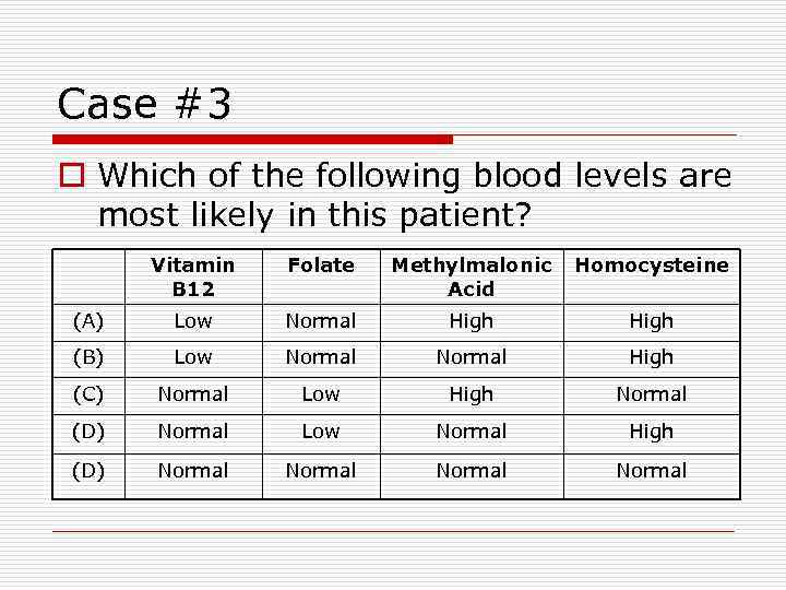 Case #3 o Which of the following blood levels are most likely in this