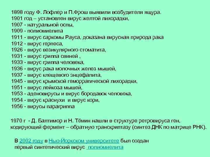 1898 году Ф. Лофлер и П. Фрош выявили возбудителя ящура. 1901 год – установлен