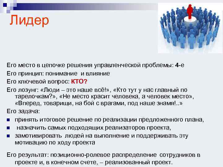 Лидер Его место в цепочке решения управленческой проблемы: 4 -е Его принцип: понимание и