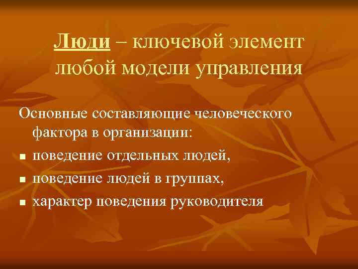 Люди – ключевой элемент любой модели управления Основные составляющие человеческого фактора в организации: n