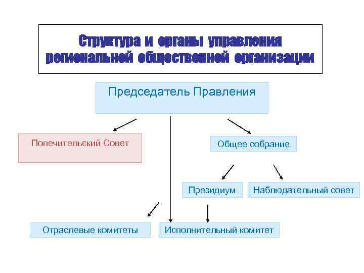 Структура и органы управления региональной общественной организации Председатель Правления Попечительский Совет Общее собрание Президиум