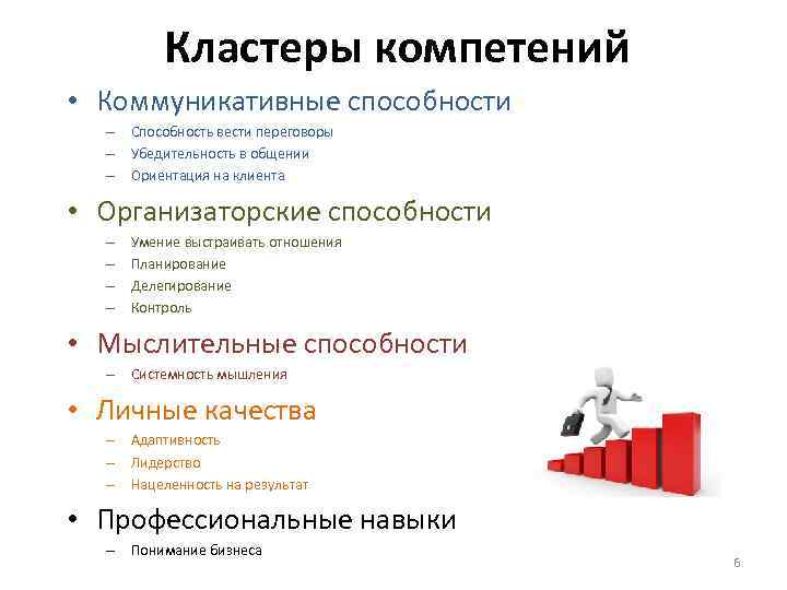 Кластеры компетений • Коммуникативные способности – Способность вести переговоры – Убедительность в общении –