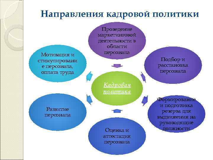Направления кадровой политики Мотивация и стимулировани е персонала, оплата труда Проведение маркетинговой деятельности в