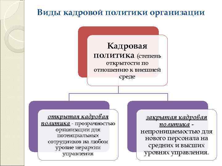 Виды кадровой политики организации Кадровая политика (степень открытости по отношению к внешней среде открытая