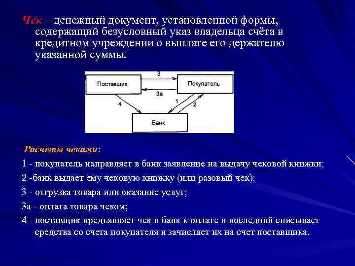Чек – денежный документ, установленной формы, содержащий безусловный указ владельца счёта в кредитном учреждении