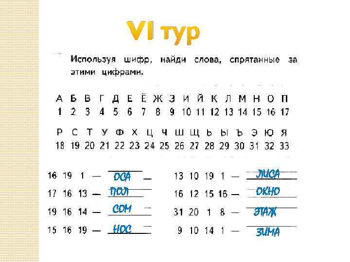 VI тур ЛИСА ОКНО ОСА ПОЛ СОМ ЭТАЖ НОС ЗИМА 