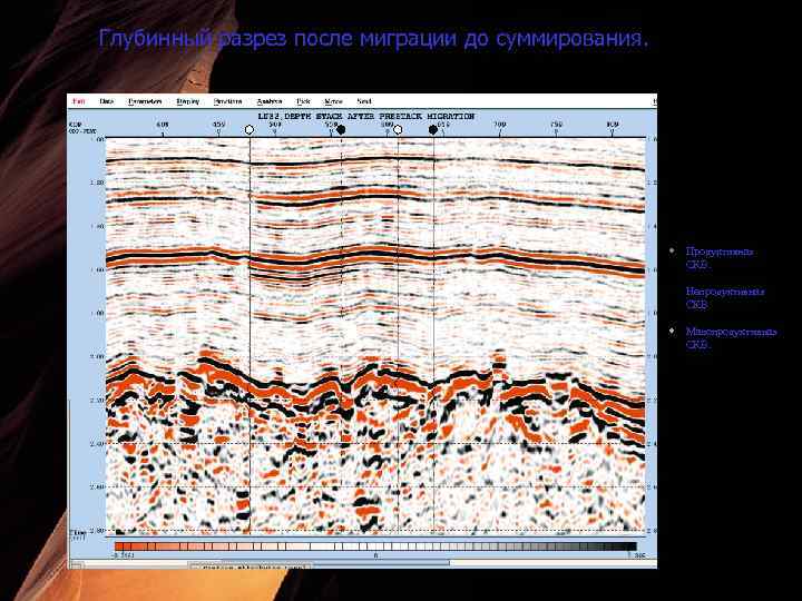 Глубинный разрез после миграции до суммирования. 102 104 5 110 Продуктивная СКВ. Непродуктивная СКВ.