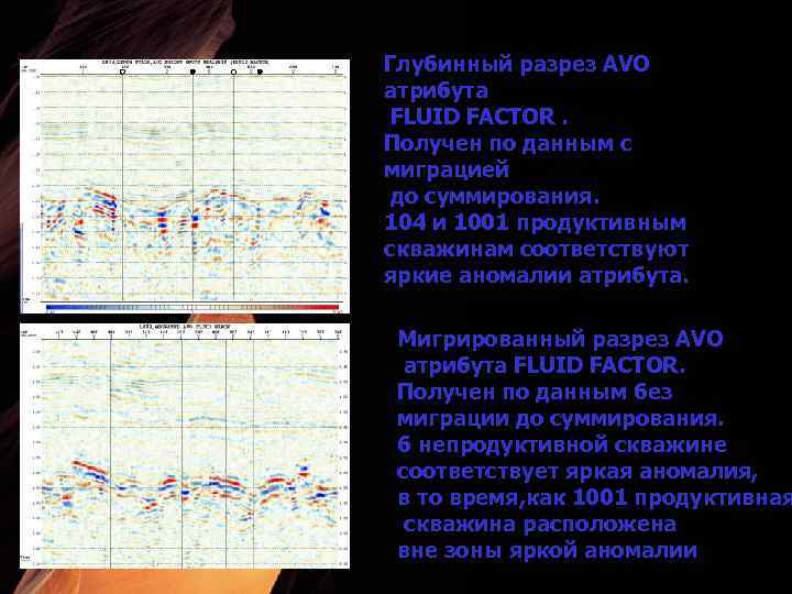 102 104 Глубинный разрез AVO атрибута FLUID FACTOR. Получен по данным с миграцией до