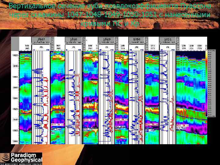 Вертикальное сечение куба псевдокоэффициента Пуассона б) через скважины 1047 -1048 -1049 -1050 -1051 с