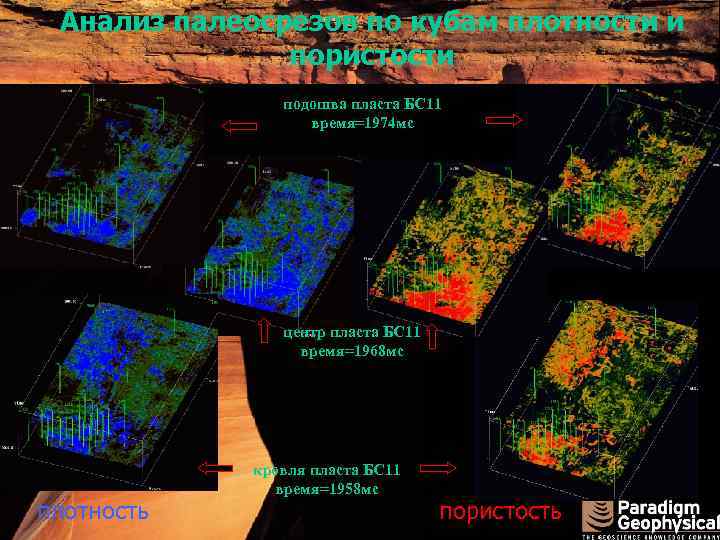 Анализ палеосрезов по кубам плотности и пористости подошва пласта БС 11 время=1974 мс центр