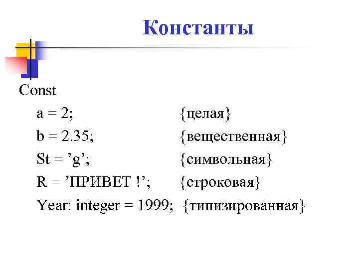 Константы Const a = 2; b = 2. 35; St = ’g’; R =