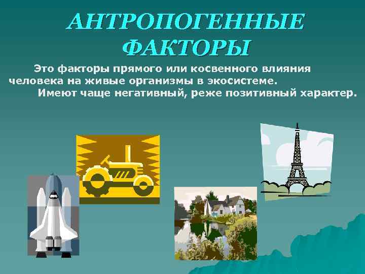 АНТРОПОГЕННЫЕ ФАКТОРЫ Это факторы прямого или косвенного влияния человека на живые организмы в экосистеме.