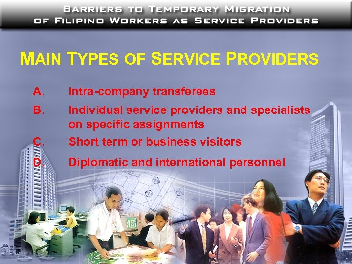 MAIN TYPES OF SERVICE PROVIDERS A. Intra-company transferees B. Individual service providers and specialists