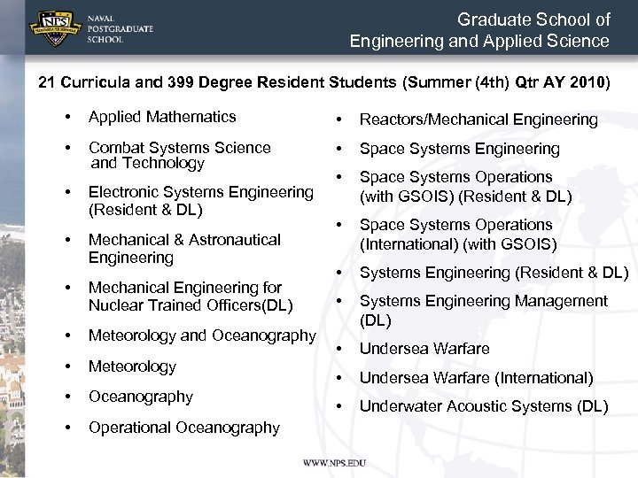 Graduate School of Engineering and Applied Science 21 Curricula and 399 Degree Resident Students