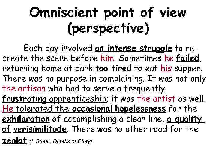 Omniscient point of view (perspective) Each day involved an intense struggle to recreate the