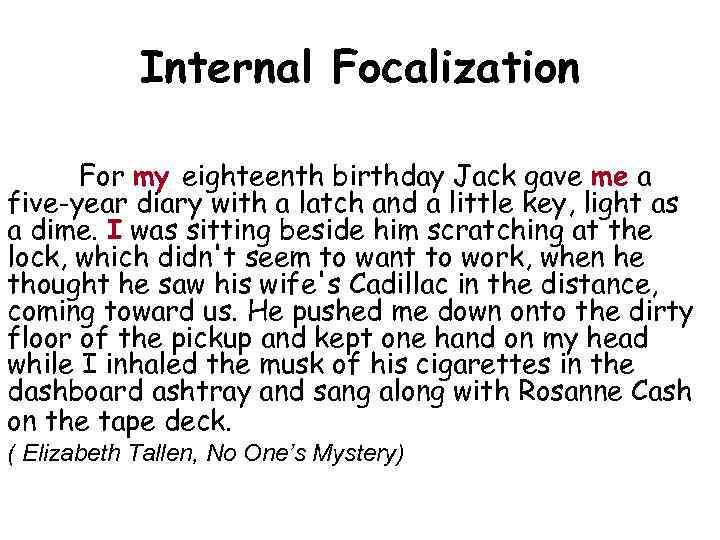 Internal Focalization For my eighteenth birthday Jack gave me a five-year diary with a