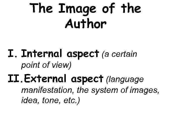 The Image of the Author I. Internal aspect (a certain point of view) II.