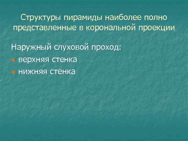 Структуры пирамиды наиболее полно представленные в корональной проекции Наружный слуховой проход: n верхняя стенка