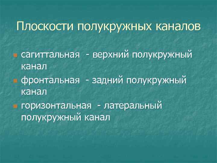 Плоскости полукружных каналов n n n сагиттальная - верхний полукружный канал фронтальная - задний