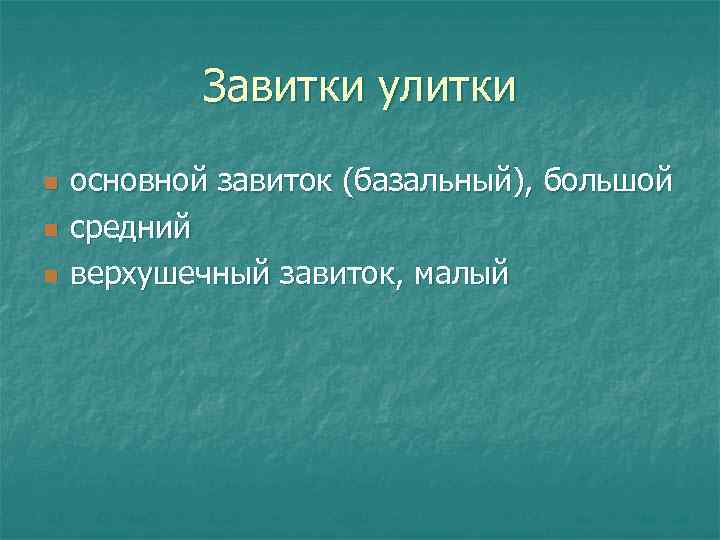 Завитки улитки n n n основной завиток (базальный), большой средний верхушечный завиток, малый 