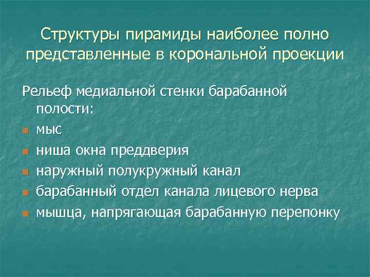 Структуры пирамиды наиболее полно представленные в корональной проекции Рельеф медиальной стенки барабанной полости: n