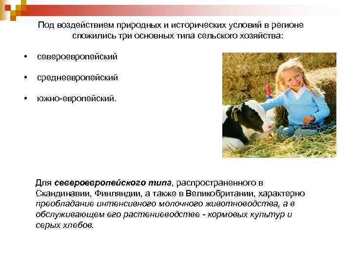 Под воздействием природных и исторических условий в регионе сложились три основных типа сельского хозяйства: