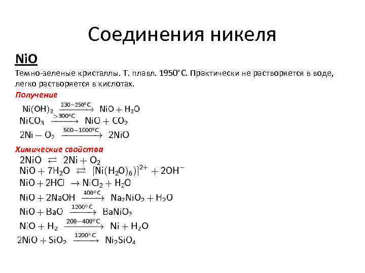 Соединения никеля Ni. O Темно-зеленые кристаллы. Т. плавл. 1950°C. Практически не растворяется в воде,