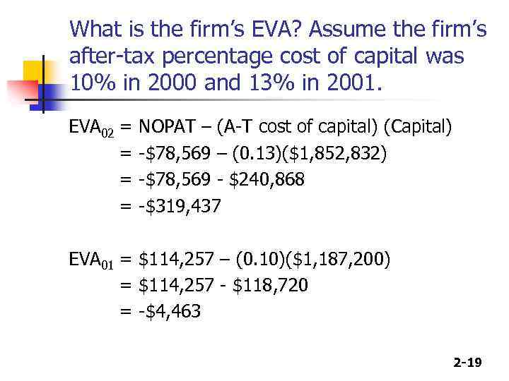 What is the firm’s EVA? Assume the firm’s after-tax percentage cost of capital was