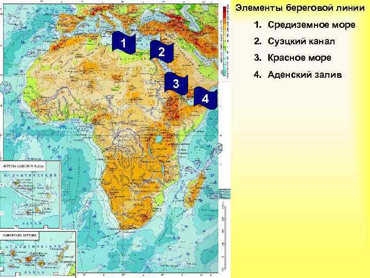 Элементы береговой линии 1. Средиземное море 1 2. Суэцкий канал 2 3. Красное море