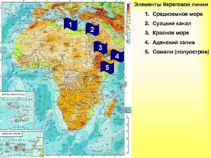 Элементы береговой линии 1. Средиземное море 1 2. Суэцкий канал 2 3. Красное море