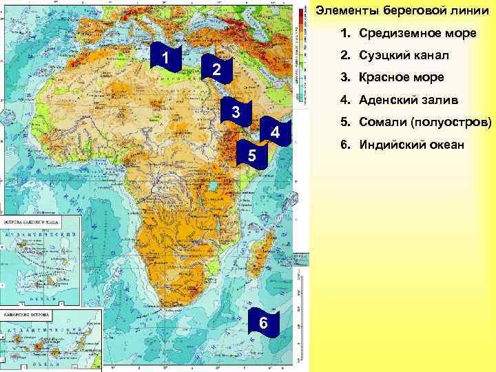 Элементы береговой линии 1. Средиземное море 1 2. Суэцкий канал 2 3. Красное море