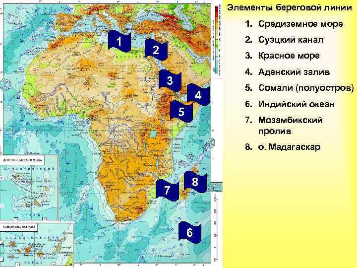 Элементы береговой линии 1. Средиземное море 1 2. Суэцкий канал 2 3. Красное море