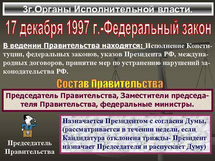 3 г. Органы Исполнительной власти. В ведении Правительства находятся: Исполнение Конституции, федеральных законов, указов