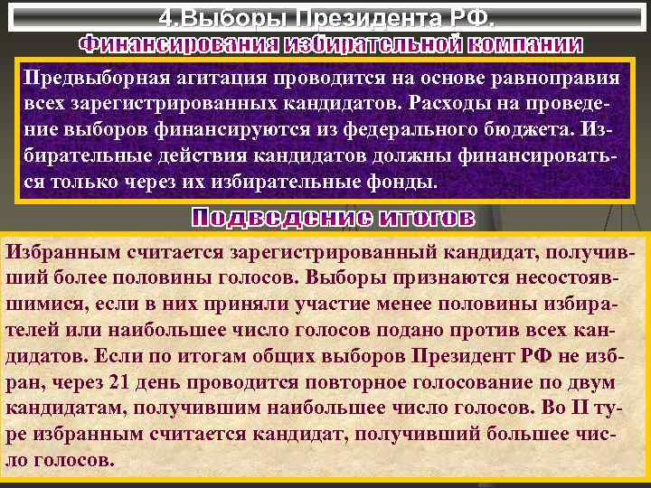 4. Выборы Президента РФ. Предвыборная агитация проводится на основе равноправия всех зарегистрированных кандидатов. Расходы