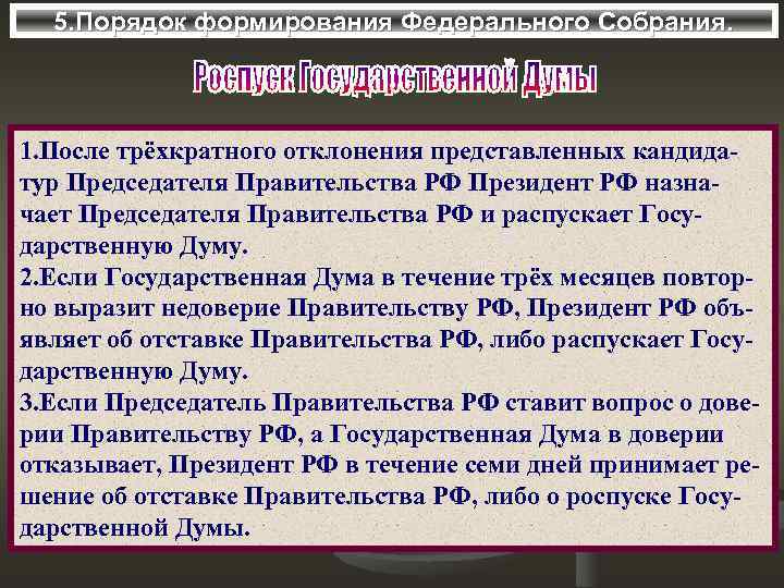 5. Порядок формирования Федерального Собрания. 1. После трёхкратного отклонения представленных кандидатур Председателя Правительства РФ