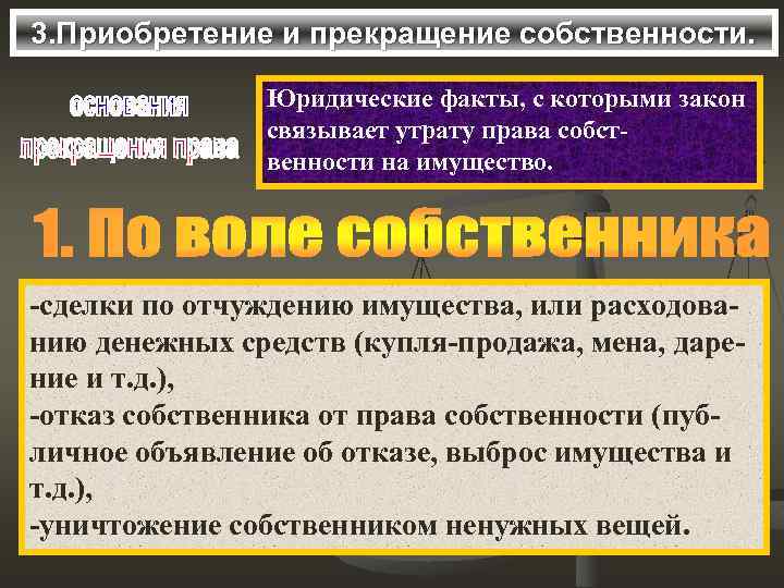 3. Приобретение и прекращение собственности. Юридические факты, с которыми закон связывает утрату права собственности