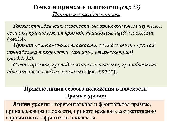 Точка и прямая в плоскости (стр. 12) Признаки принадлежности Точка принадлежит плоскости на ортогональном